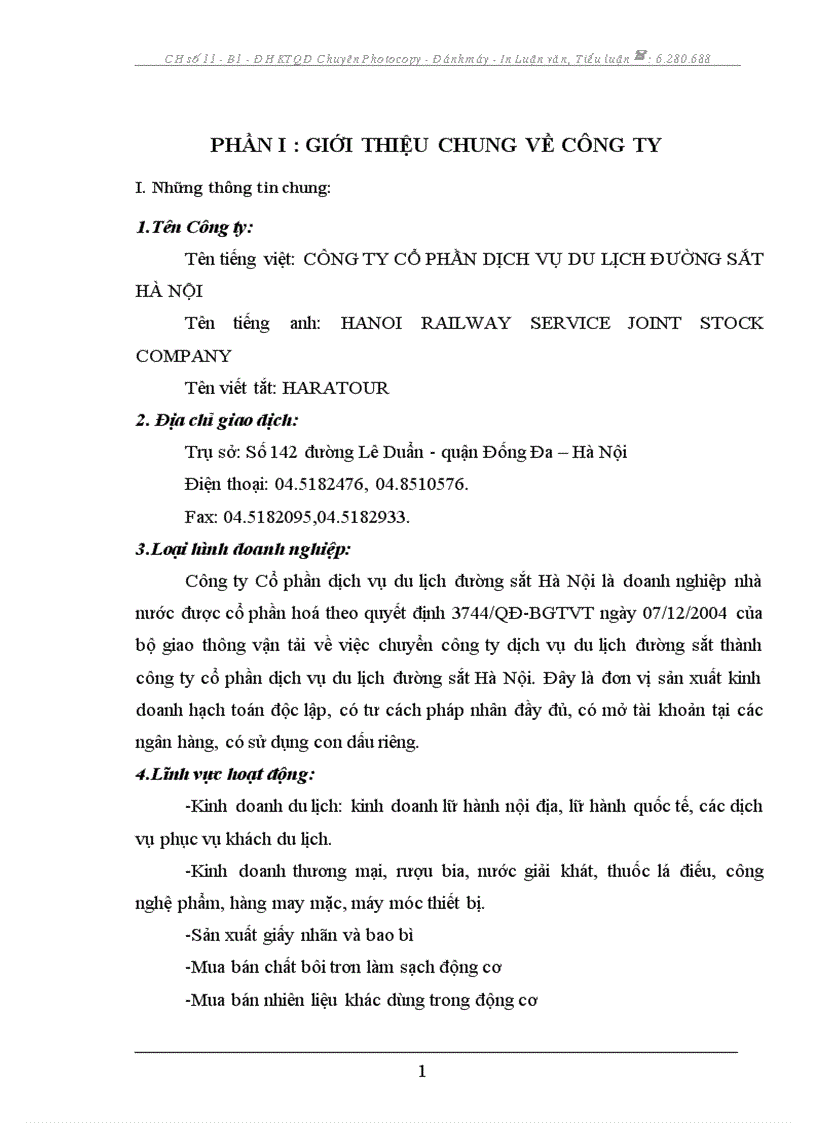 Báo cáo thực tập tại Công ty CP dịch vụ du lịch đường sắt Hà Nội