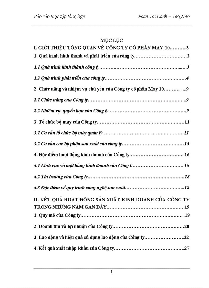 Báo cáo thực tập tại Công ty CP May 10