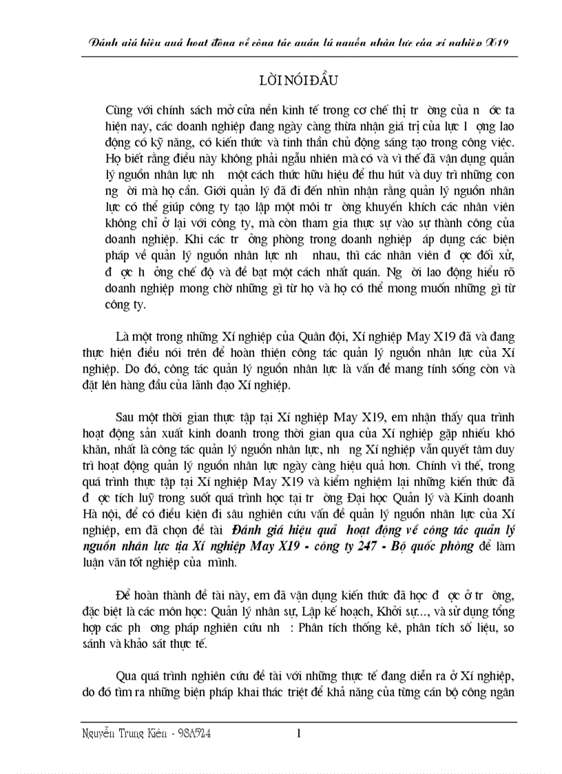 Đánh giá hiệu quả hoạt động về công tác quản lý nguồn nhân lực tại Xí nghiệp May X19 công ty 247 Bộ quốc phòng