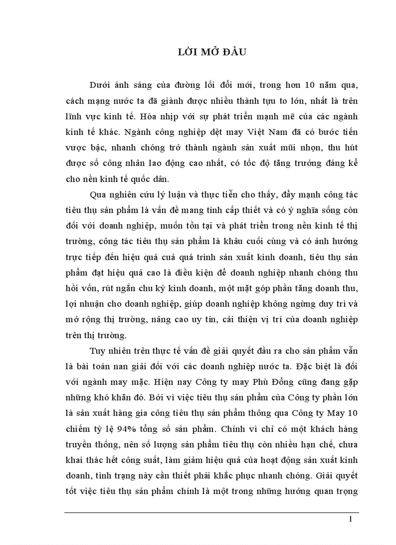 Phân tích tình hình tiêu thụ sản phẩm và xây dựng một số biện pháp đẩy mạnh tiêu thụ sản phẩm của công ty may phù đổng