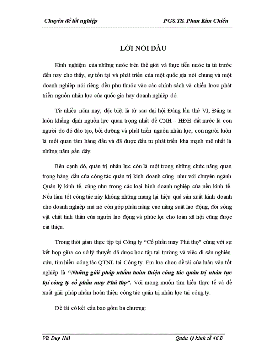 Những giải pháp nhằm hoàn thiện công tác quản trị nhân lực tại Công ty CP may Phú thọ
