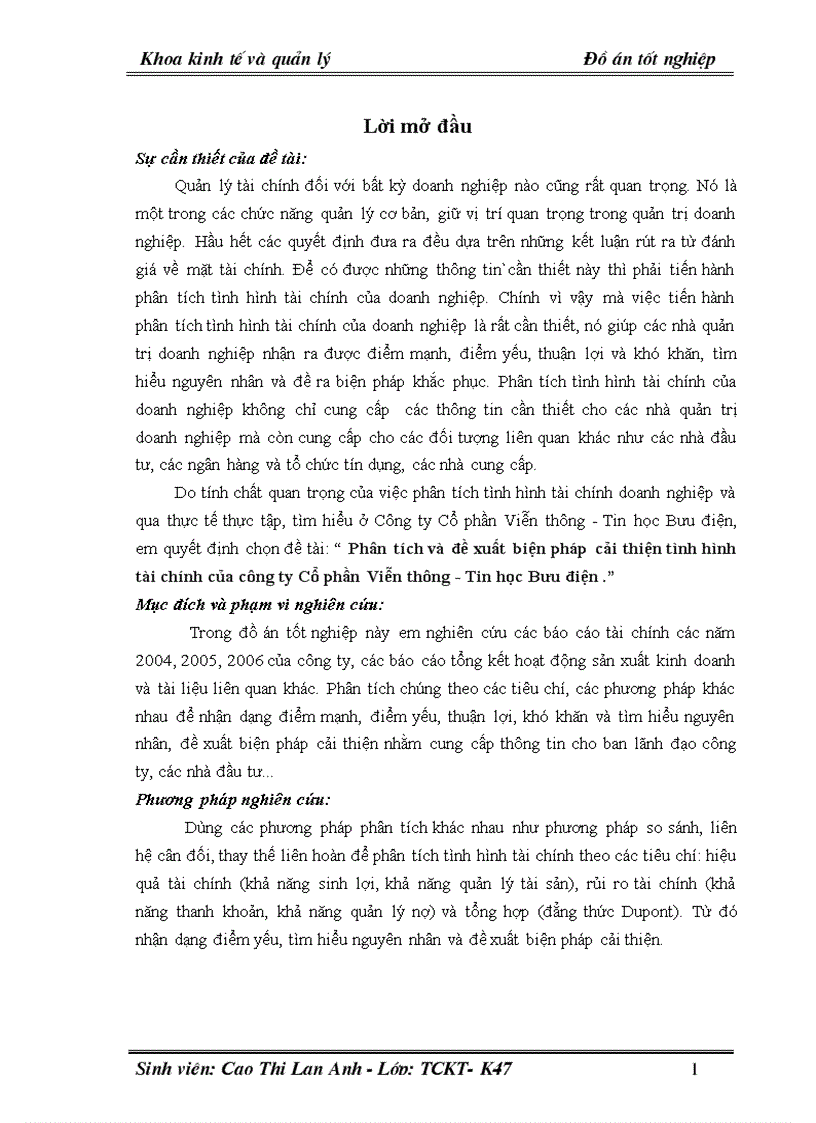 Phân tích và đề xuất biện pháp cải thiện tình hình tài chính của Công ty CP Viễn thông Tin học Bưu điện