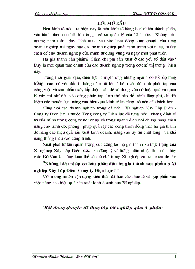 Những biện pháp cơ bản phấn đấu hạ giá thành sản phẩm ở Xí nghiệp Xây Lắp Điện Công ty Điện Lực 1