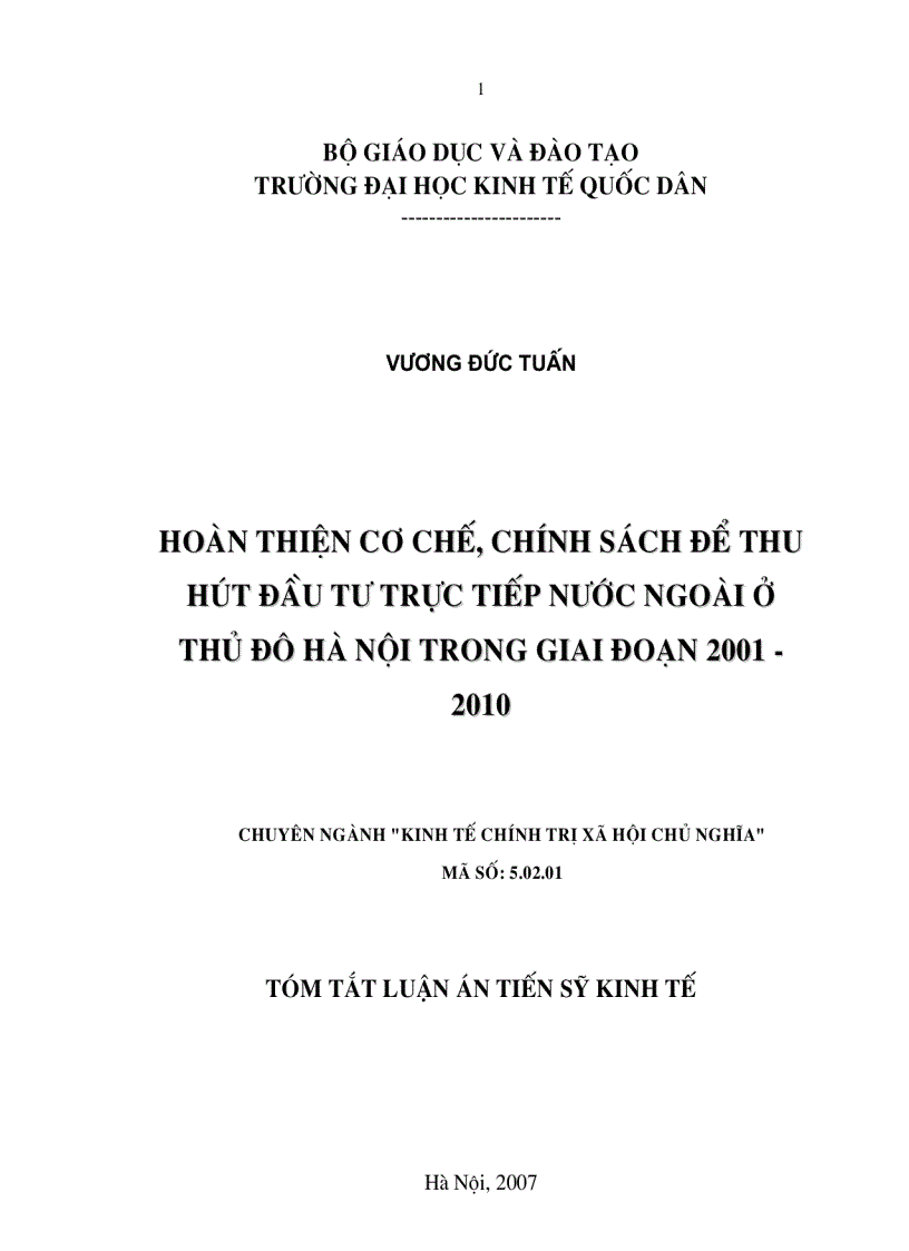 Hoàn thiện cơ chế chính sách thu hút đầu tư trực tiếp nước ngoài ở thủ đô Hà Nội trong giai đoạn 2001 2010