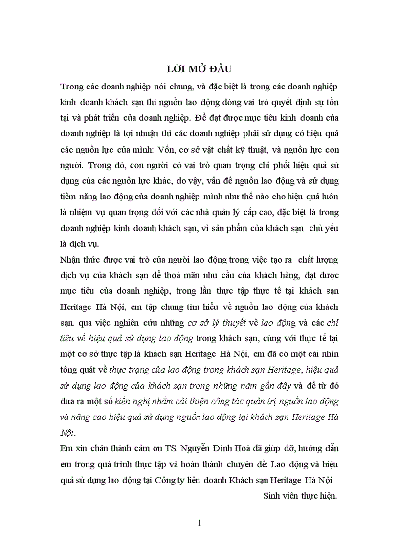 Thực trạng của lao động trong khách sạn Heritage hiệu quả sử dụng lao động của khách sạn trong những năm gần đây