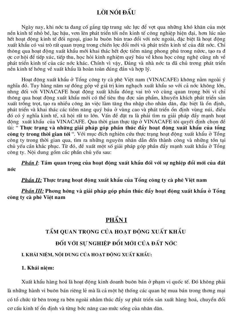 Thực trạng và những giải pháp góp phần thúc đẩy hoạt động xuất khẩu của tổng công ty VINACAFE trong thời gian tới