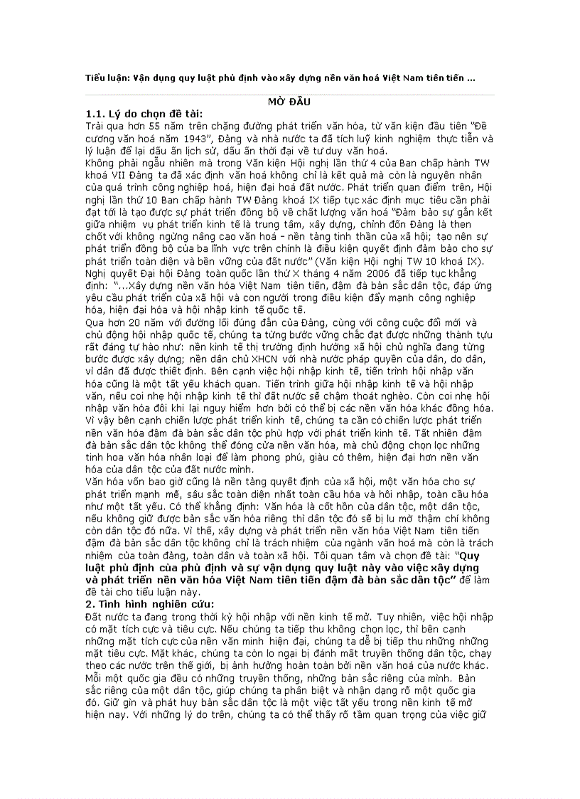 Vận Dụng Quy Luật Phủ Định Của Phủ Định Vào Xây Dựng Nền Văn Hóa Việt Nam Tiên Tiến