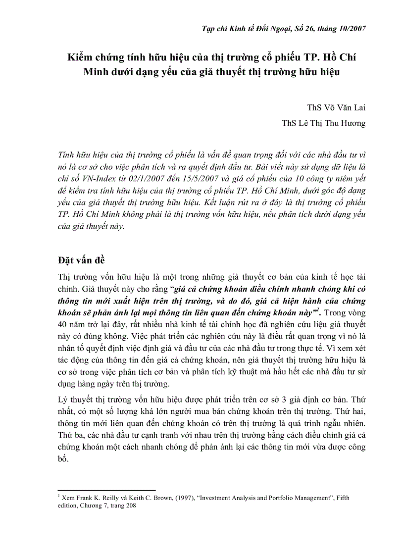 Kiểm chứng tính hữu hiệu của thị trường cổ phiếu TP Hồ Chí Minh dưới dạng yếu của giả thuyết thị trường hữu hiệu