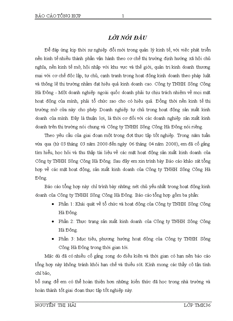 Báo cáo tổng hợp tại Công ty TNHH Sông Công Hà Đông