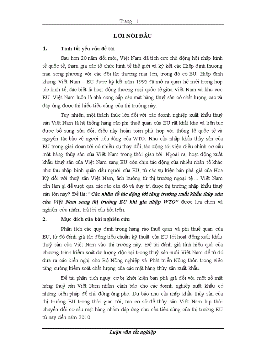 Các nhân tố tác động tới tăng trưởng xuất khẩu thủy sản của Việt Nam sang thị trường EU khi gia nhập WTO