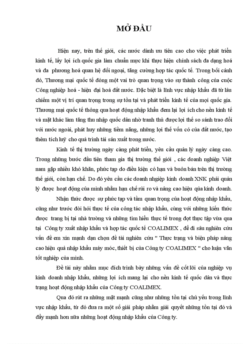 Thực trạng và biện pháp nâng cao hiệu quả nhập khẩu máy móc thiết bị của Công ty COALIMEX