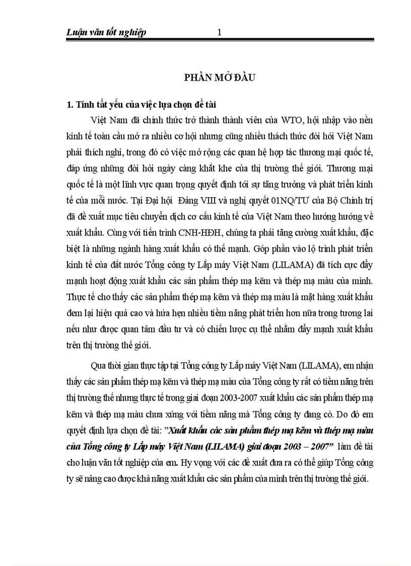 Xuất khấu các sản phẩm thép mạ kẽm và thép mạ màu của Tổng công ty Lắp máy Việt Nam LILAMA giai đoạn 2003 2007
