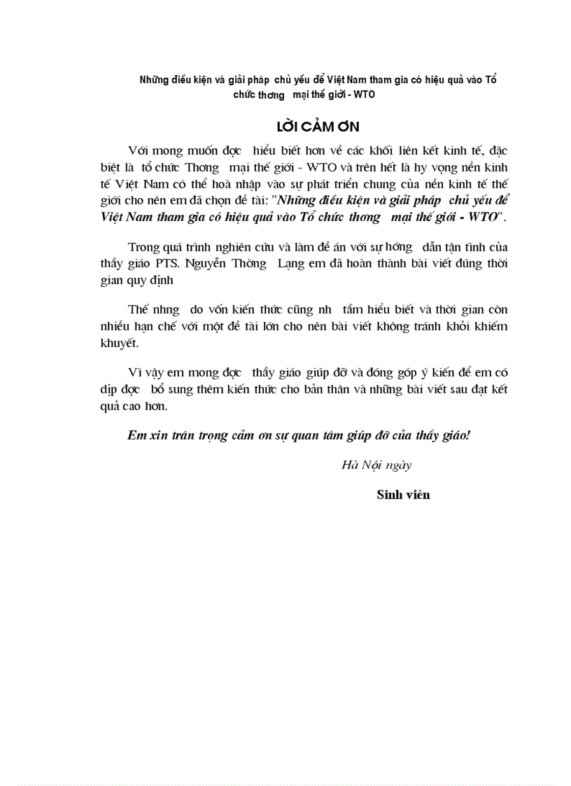 Những điều kiện và giải pháp chủ yếu để Việt Nam tham gia có hiệu quả vào Tổ chức thư ơng mại thế giới WTO