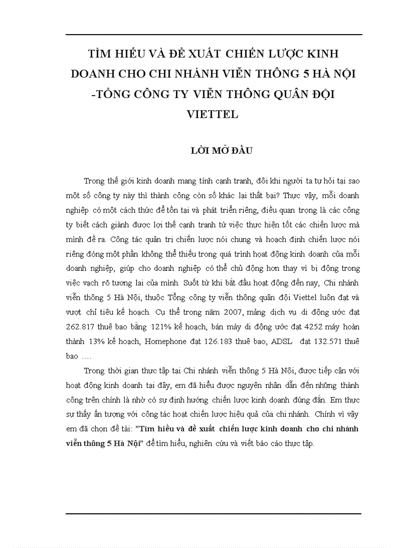 Tìm hiểu và đề xuất chiến lược kinh doanh cho chi nhánh Viễn thông 5 Hà Nội Tổng Công ty Viễn thông Quân đội VIETTEL