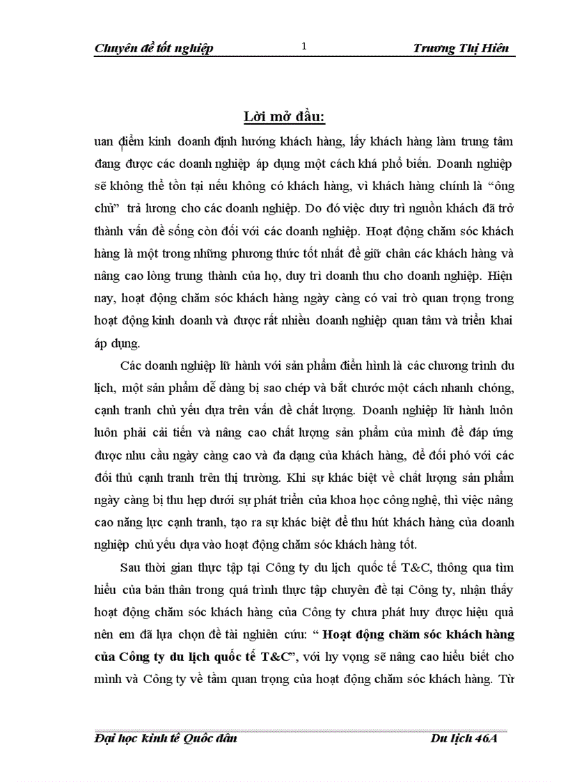 Hoạt động chăm sóc khách hàng của Công ty du lịch quốc tế T C