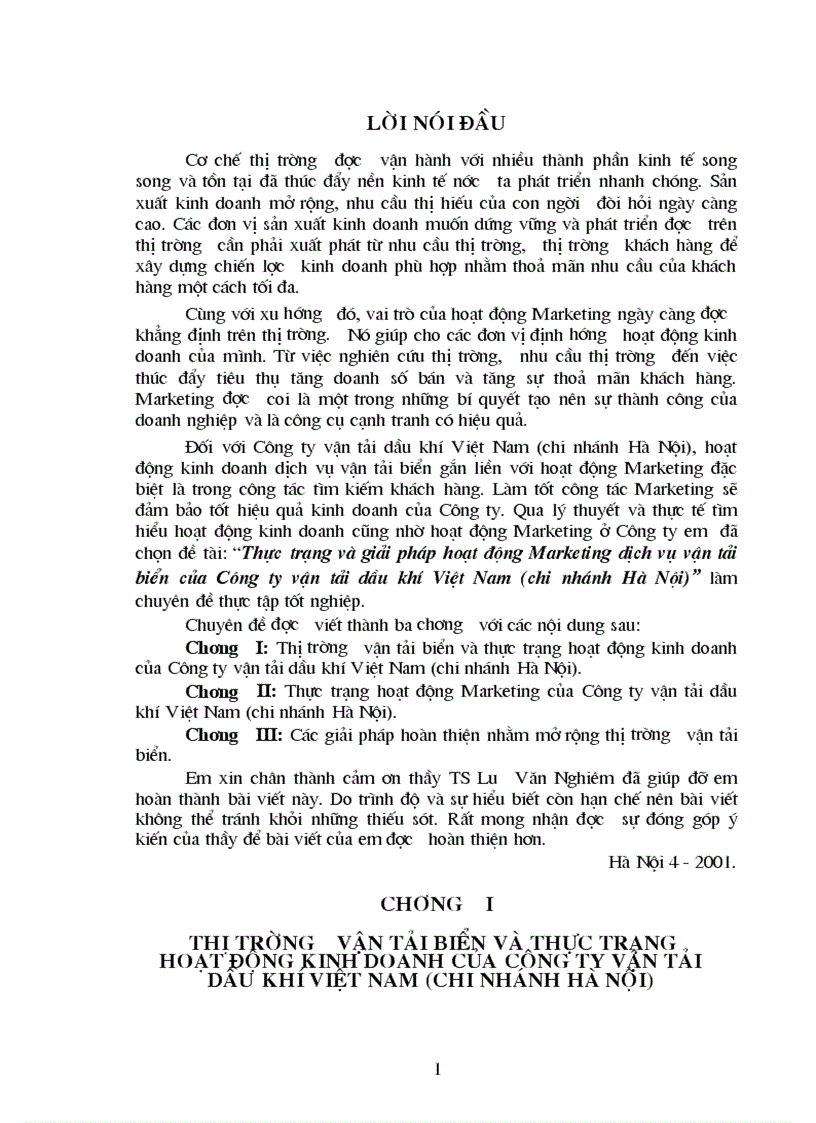 Thực trạng và giải pháp hoạt động Marketing dịch vụ vận tải biển của Công ty vận tải dầu khí Việt Nam chi nhánh Hà Nội