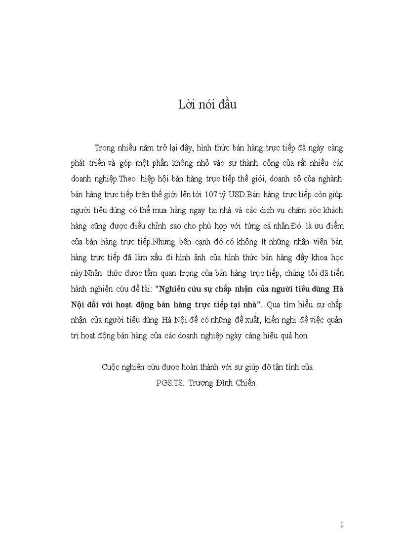 Nghiên cứu sự chấp nhận của người tiêu dùng Hà Nội đối với hoạt động bán hàng trực tiếp tại nhà