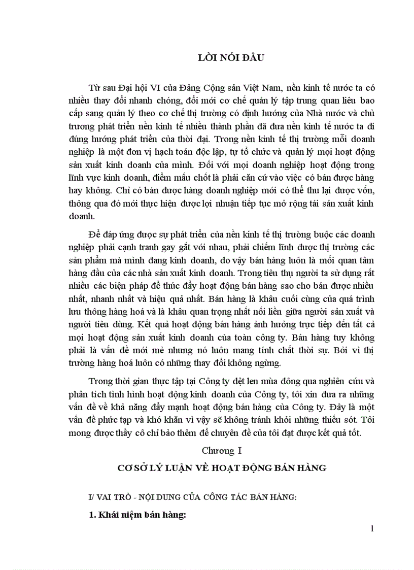 Hoạt động bán hàng tiêu thụ hàng hoá ở công ty dệt len mùa đông