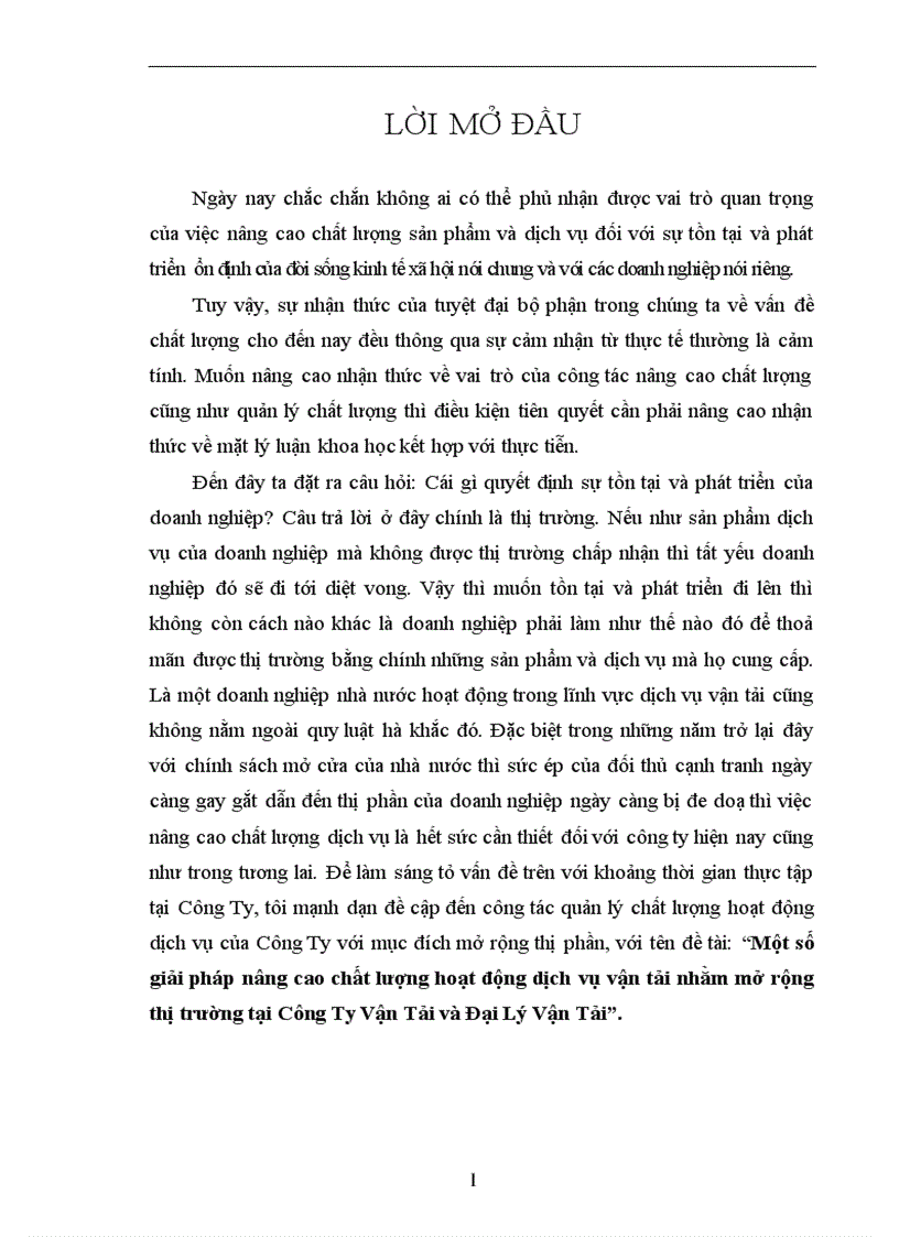 Một số giải pháp nâng cao chất lượng hoạt động dịch vụ vận tải nhằm mở rộng thị trường tại Công Ty Vận Tải và Đại Lý Vận Tải