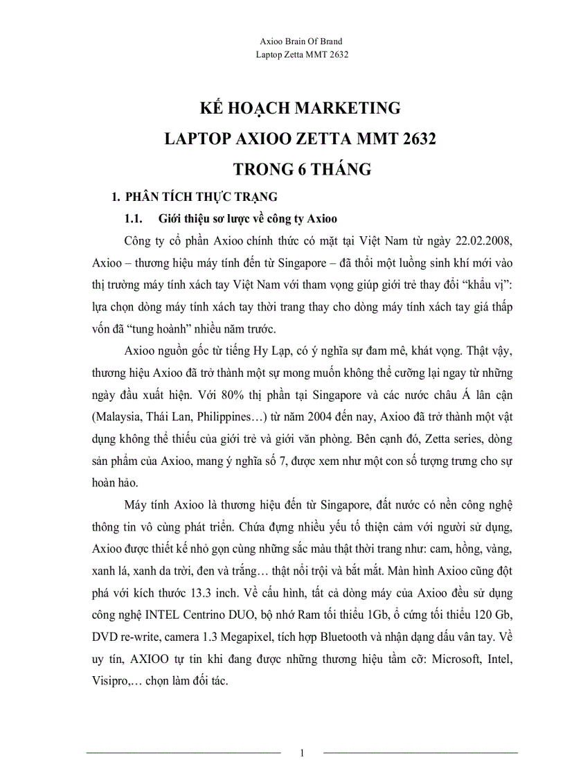 Kế hoạch marketing laptop axioo zetta mmt 2632