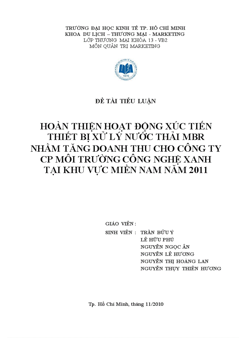 Hoàn thiện hoạt động xúc tiến thiết bị xử lý nước thải mbr nhằm tăng doanh thu cho công ty cp môi trường công nghệ xanh tại khu vực miền nam năm 201