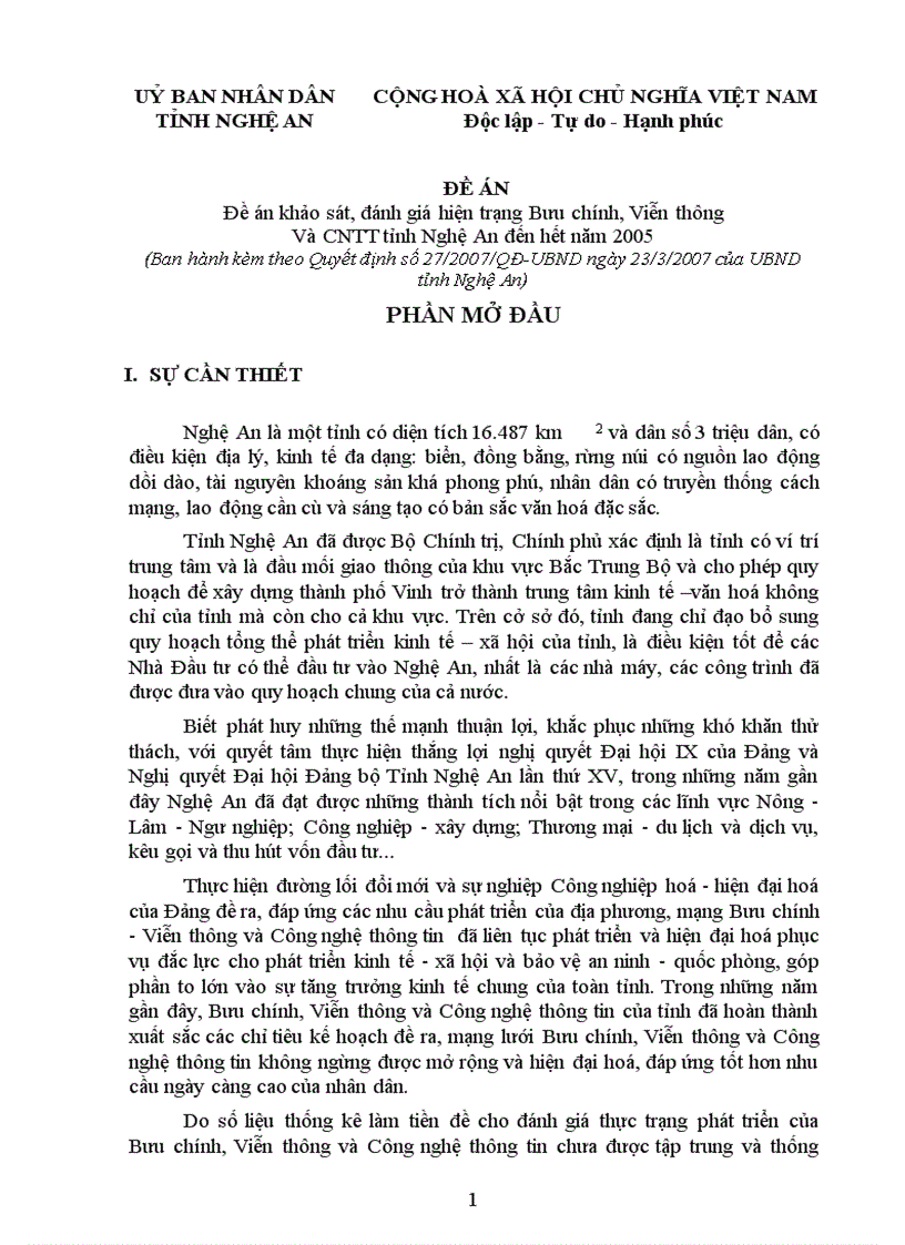 Đề án khảo sát đánh giá hiện trạng Bưu chính Viễn thông Và CNTT tỉnh Nghệ An