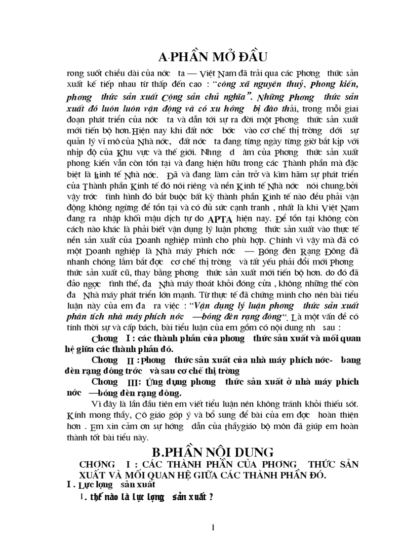 Vận dụng lý luận phương thức sản xuất phân tích nhà máy phích nước bóng đèn rạng đôn