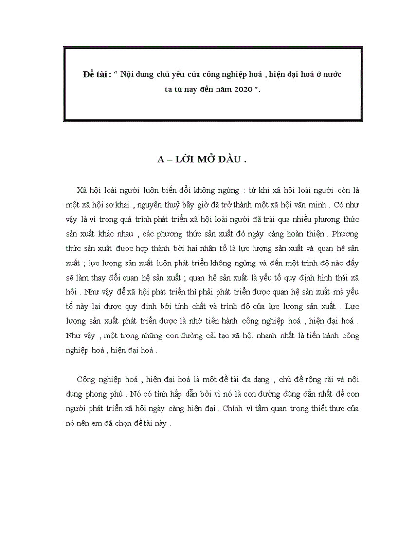 Nội dung chủ yếu của công nghiệp hoá hiện đại hoá ở nước ta từ nay đến năm 2020