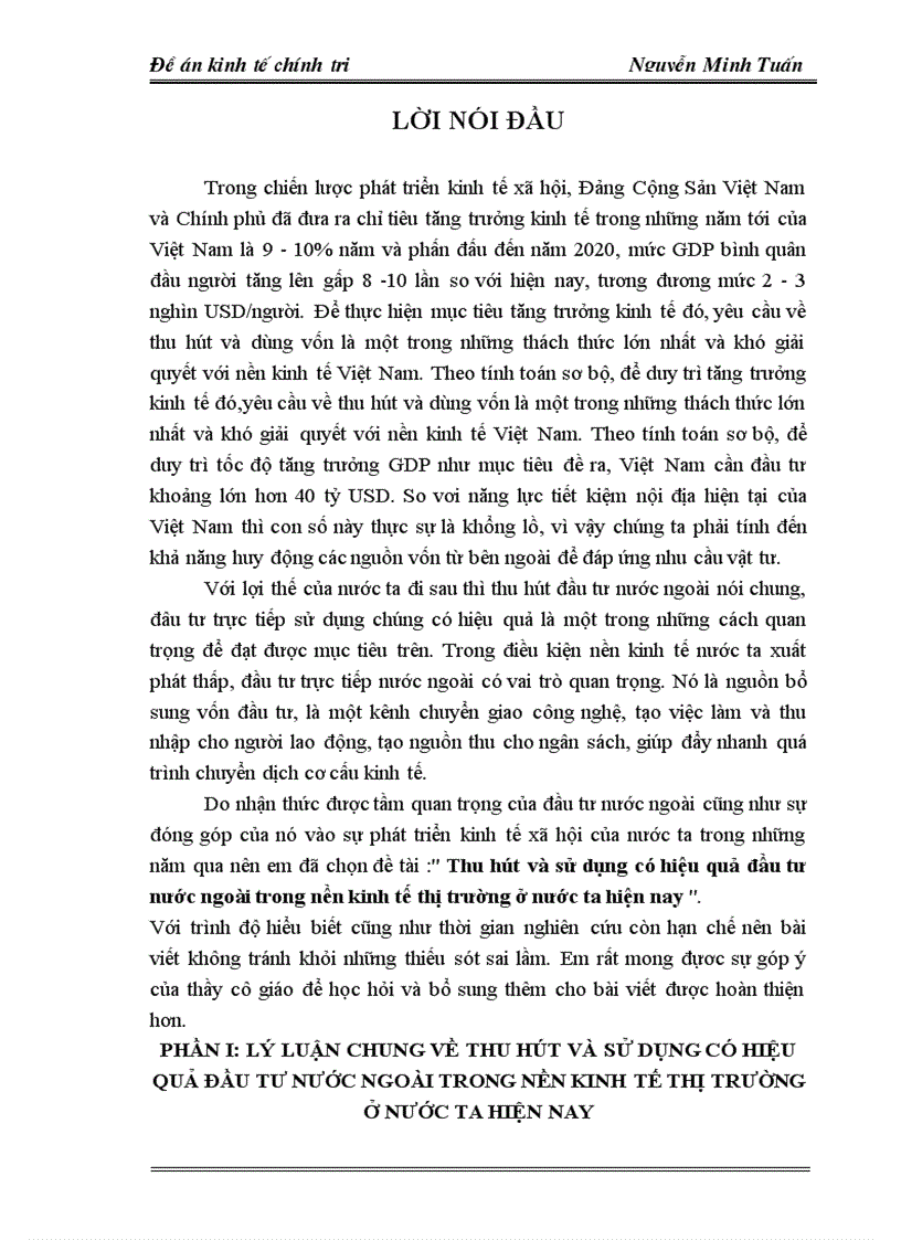 Thu hút và sử dụng có hiệu quả đầu tư nước ngoài trong nền kinh tế thị trường ở nước ta hiện nay