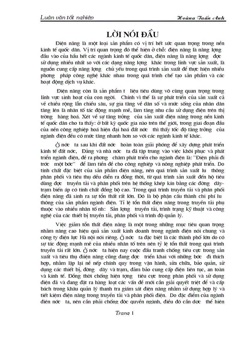 Một số biện pháp chủ yếu nhằm giảm tổn thất điện năng trong quản lý truyền tải và phân phối điện năngcủa công ty điện lực Hà nội