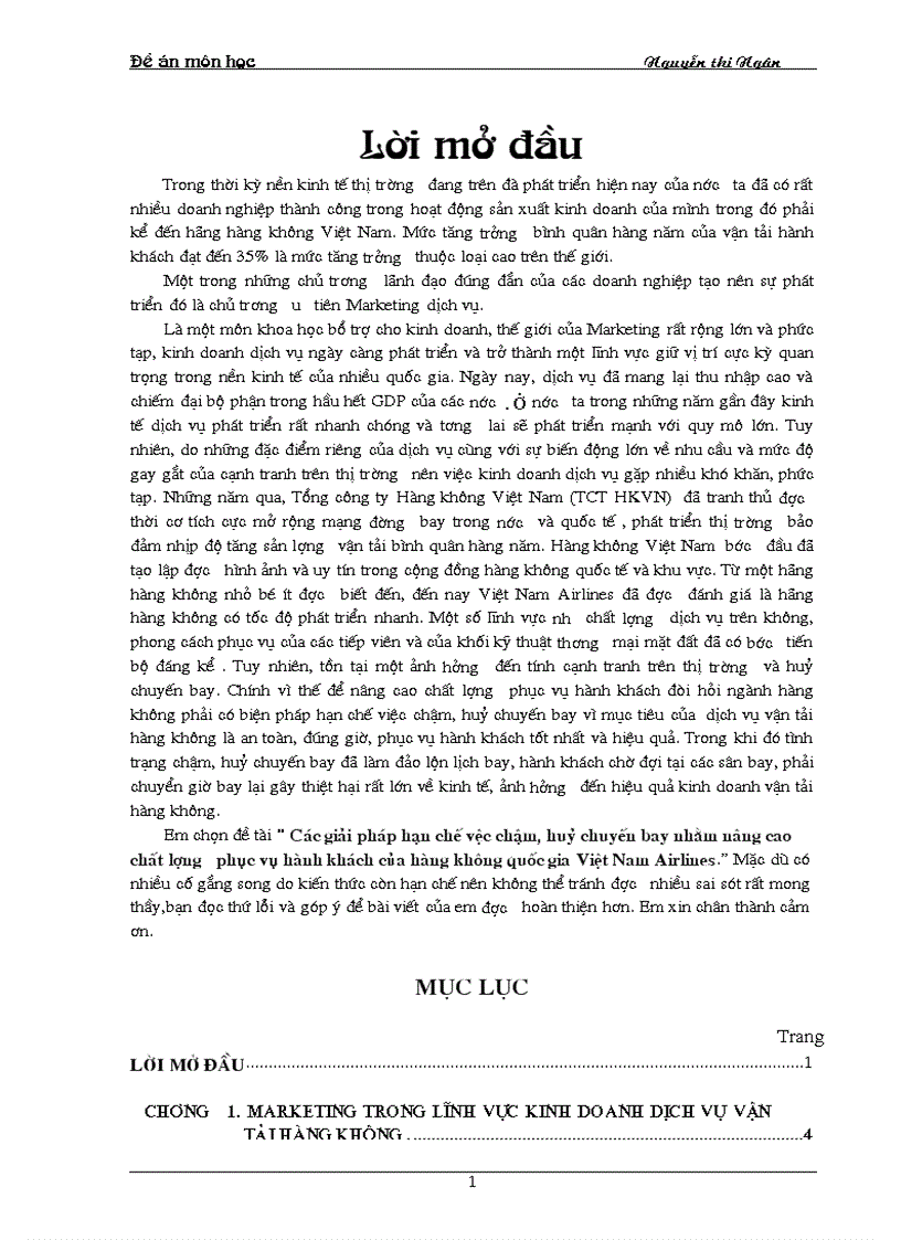 Các giải pháp hạn chế vệc chậm huỷ chuyến bay nhằm nâng cao chất l ợng phục vụ hành khách của hàng không quốc gia Việt Nam Airlines