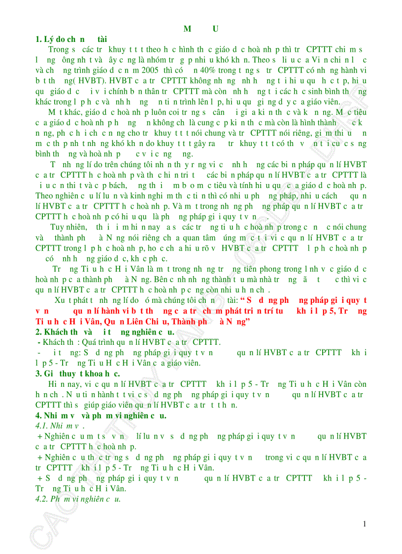 Sử dụng phương pháp giải quyết vấn đề để quản lí hành vi bất thường của trẻ chậm phát triển trí tuệ ở khối lớp 5 Trường Tiểu học Hải Vân Quận Liên Chiểu Thành phố Đà Nẵng