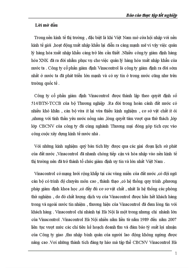 Báo cáo thực tập Tại Công ty CP Giám định Vinacontrol