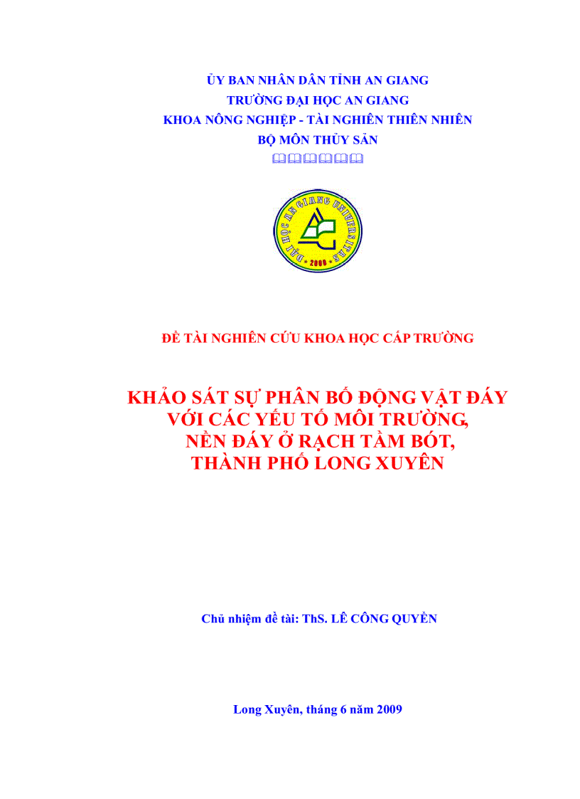 Khảo sát sự phân bố động vật đáy với các yếu tố môi trường nền đáy ở rạch Tầm Bót Tp Long Xuyên