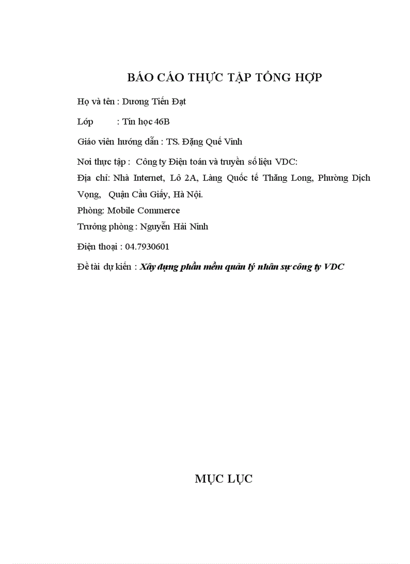 Báo cáo thực tập Tại Công ty Điện toán và truyền số liệu VDC