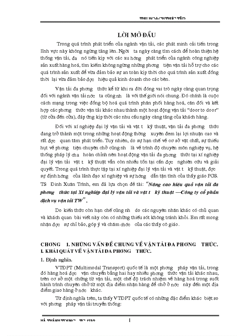 Nâng cao hiệu quả vận tải đa phư ơng thức tại Xí nghiệp đại lý vận tải và vật tư kỹ thuật Công ty cổ phần dịch vụ vận tải TW