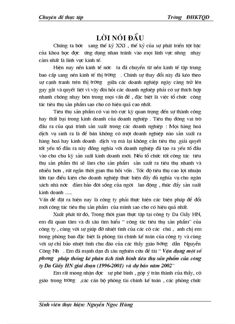 Vận dụng một số ph ơng pháp thống kê phân tích tình hình tiêu thụ sản phẩm của công ty Da Giầy HN giai đoạn 1996 2001 và dự báo năm 2002
