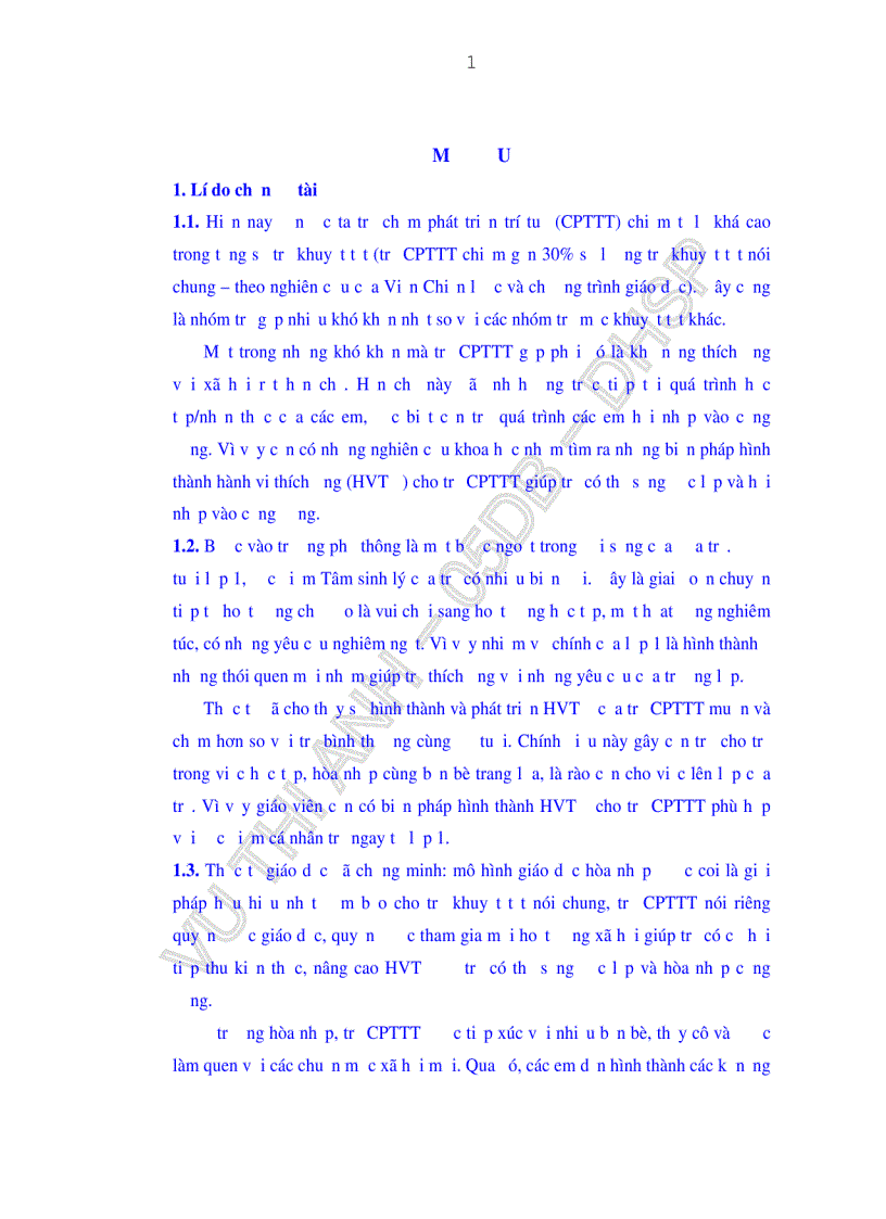 Biện pháp hình thành HVTƯ cho trẻ CPTTT học hòa nhập ở các trường Tiểu học trên địa bàn Quận Liên Chiểu thành phố Đà Nẵng