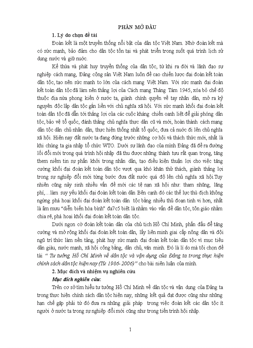 Tư tưởng Hồ Chí Minh về dân tộc và vận dụng của đảng ta trong thực hiện chính sách dân tộc hiện nay 1986 2006