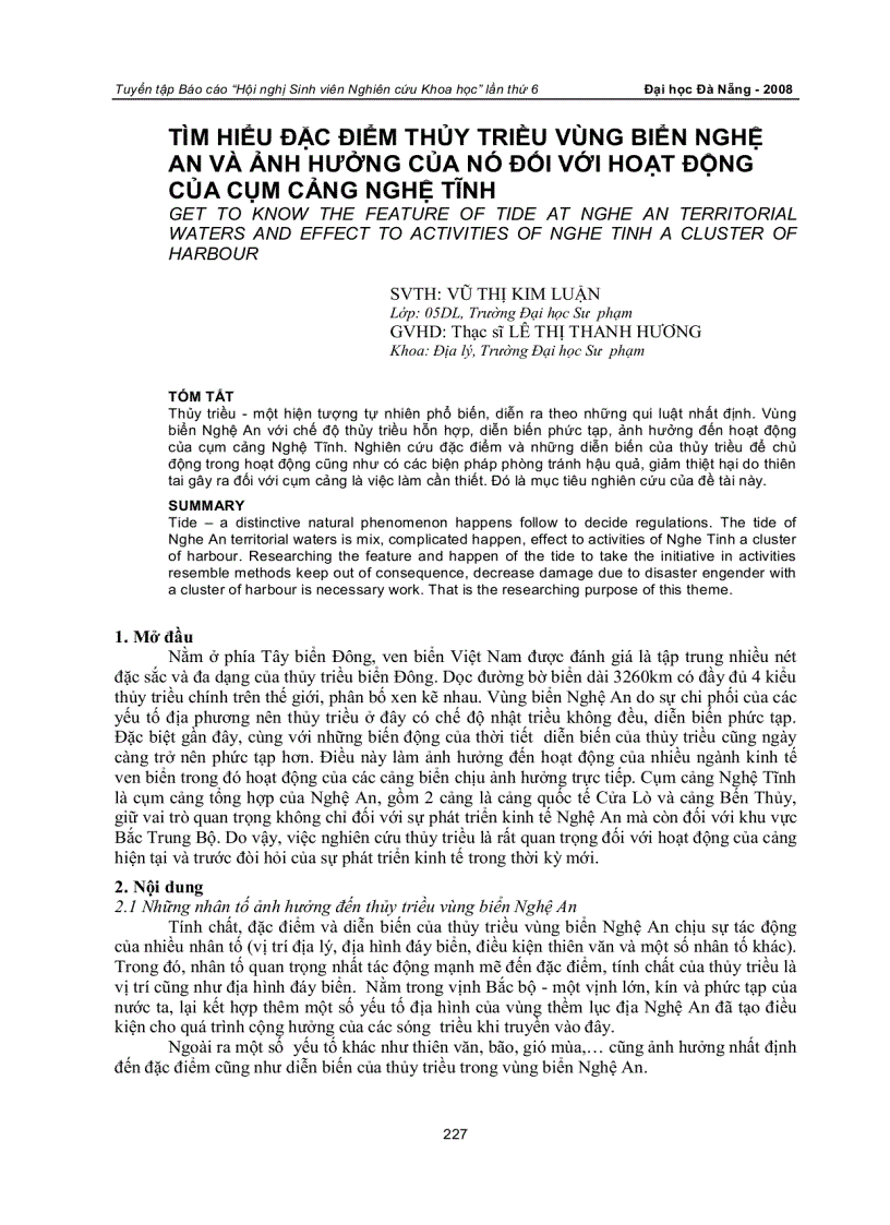 Đặc điểm thủy triều vùng biển Nghệ An và ảnh hưởng của nó đến sự phát triển KT XH tỉnh Nghệ An