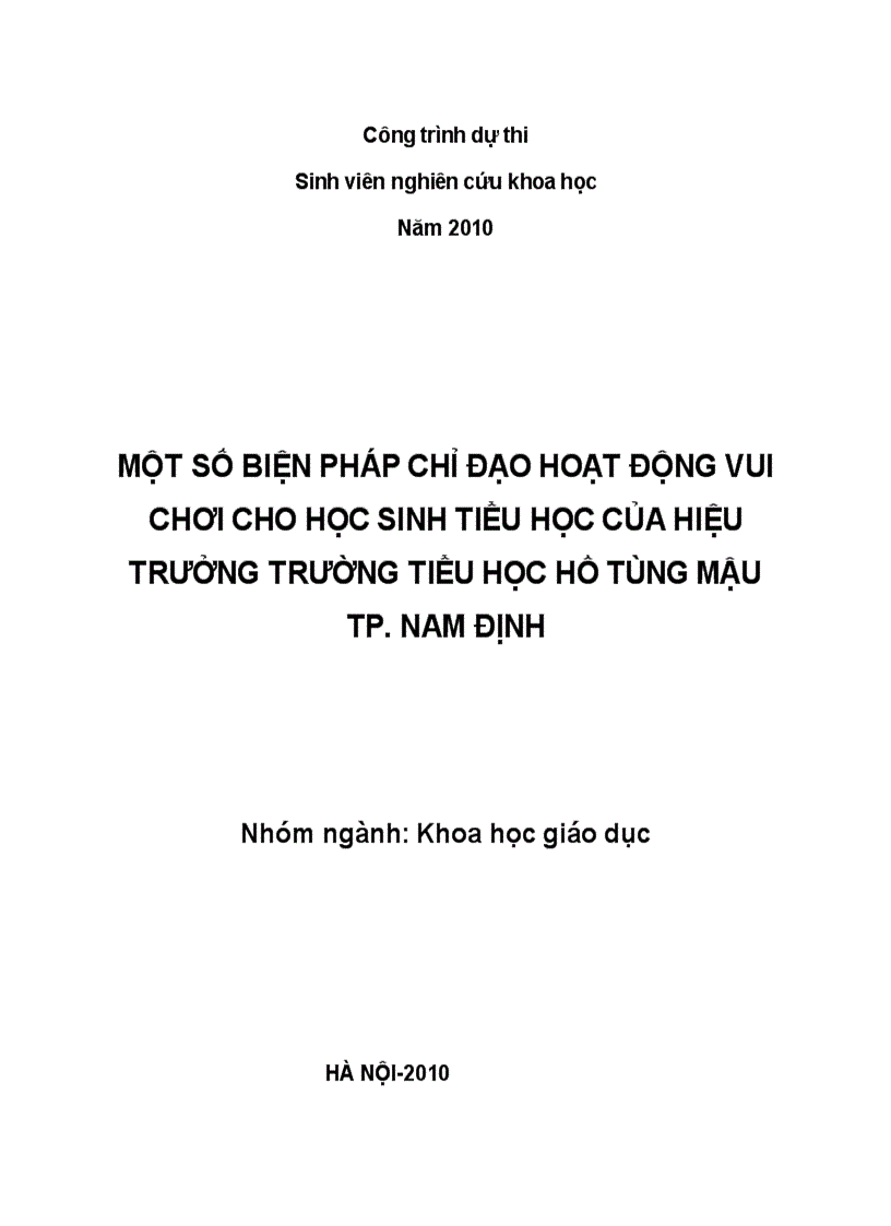 Một số biện pháp chỉ đạo hoạt động vui chơi cho học sinh tiểu học của hiệu trưởng trường tiểu học hồ tùng mậu tp Nam định