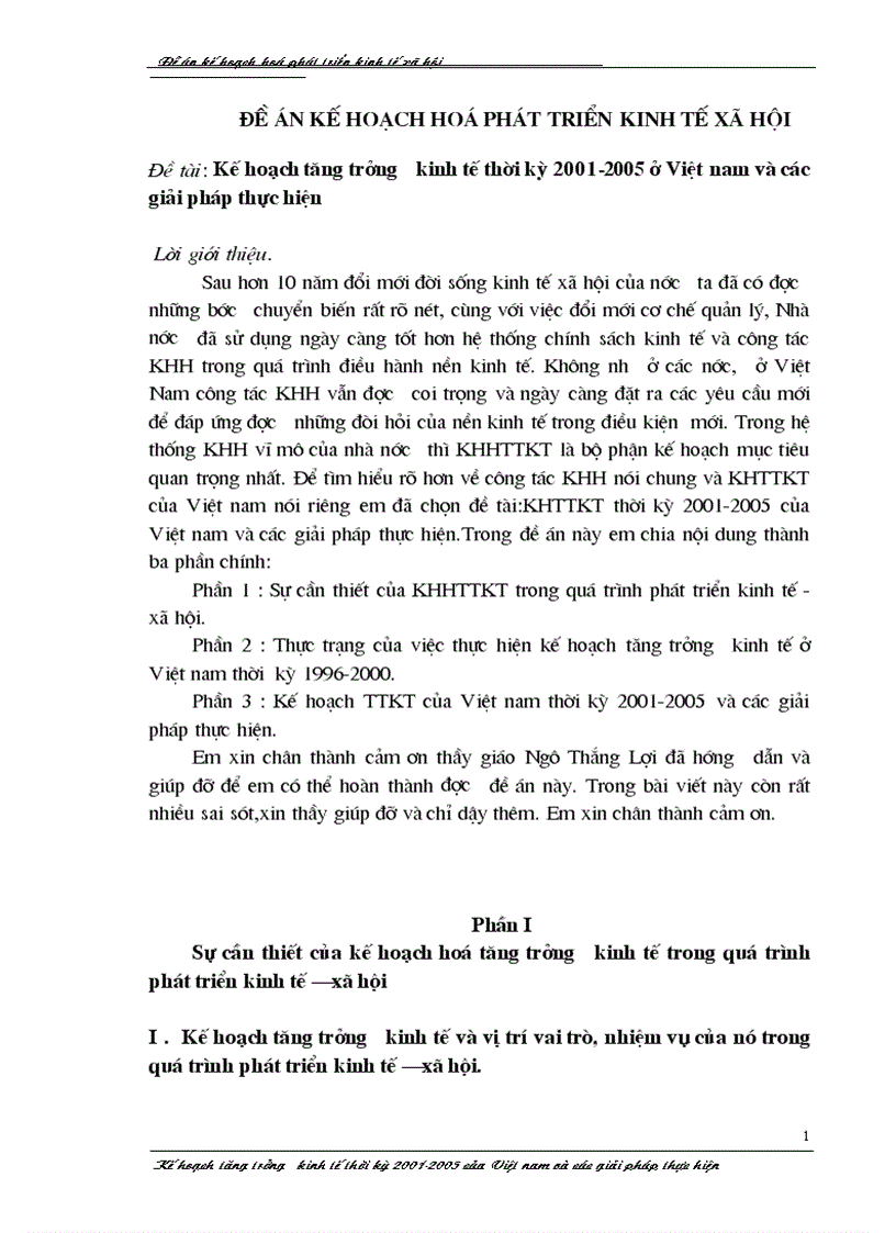 Kế hoạch tăng trư ởng kinh tế thời kỳ 2001 2005 ở Việt nam và các giải pháp thực hiện