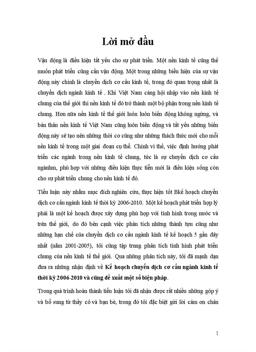 Kế hoạch chuyển dịch cơ cấu ngành kinh tế thời kỳ 2006 2010 và cũng đề xuất một số biện pháp