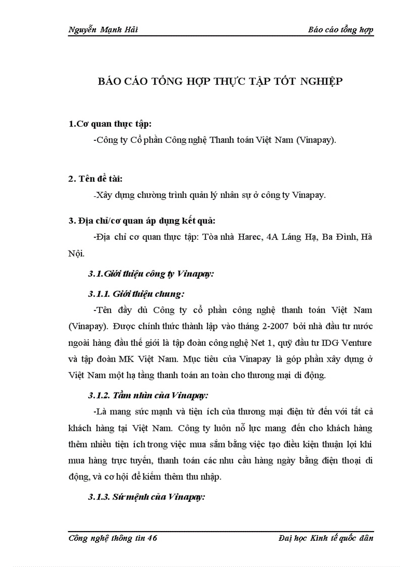 Báo cáo thực tập tại công ty Vinapay