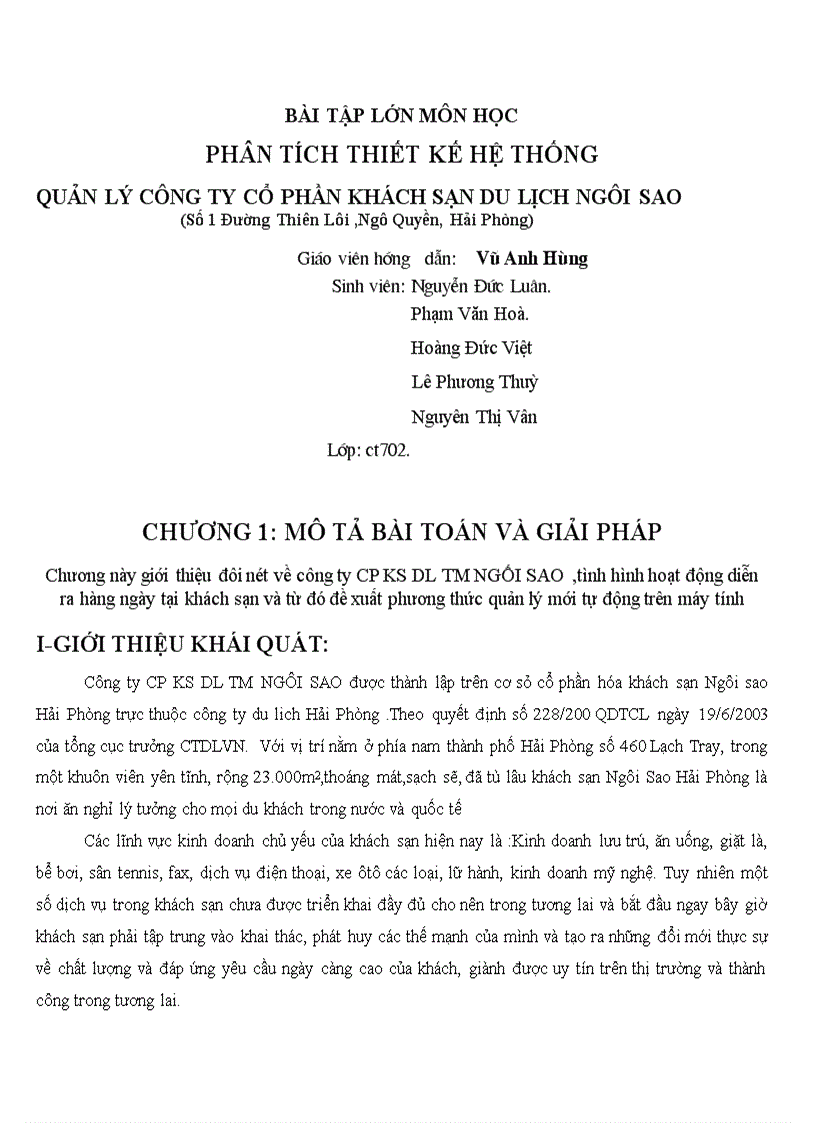 Phân tích thiết kế hệ thống quản lý công ty cổ phần khách sạn du lịch ngôi sao