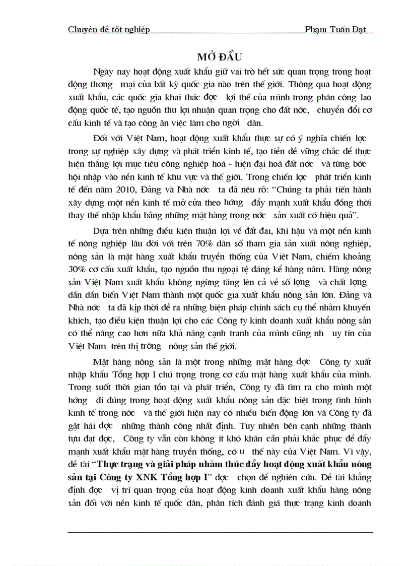 Thực trạng và giải pháp nhằm thúc đẩy hoạt động xuất khẩu nông sản tại Công ty XNK Tổng hợp I