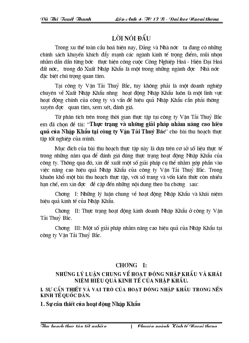 Thực trạng và những giải pháp nhằm nâng cao hiệu quả của Nhập Khẩu tại công ty Vận Tải Thuỷ Bắc