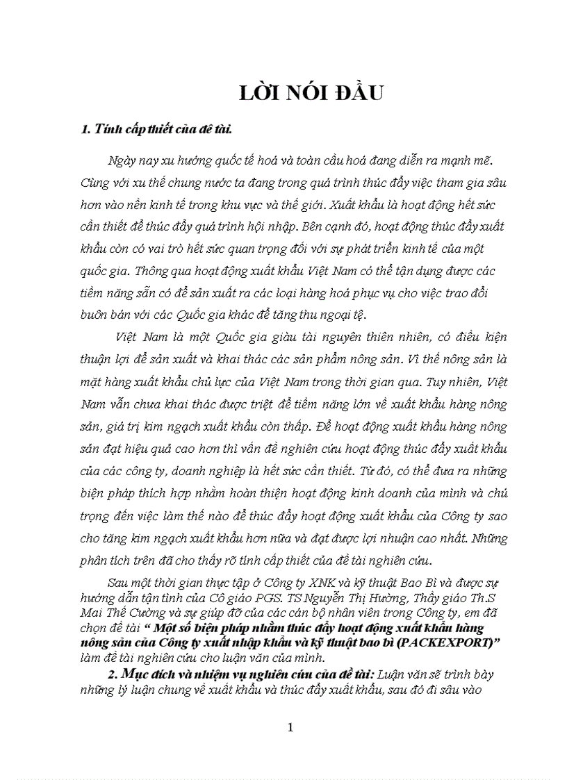 1số biện pháp nhằm thúc đẩy hoạt động xuất khẩu hàng nông sản của Công ty XNK và kỹ thuật bao bì PACKEXPORT