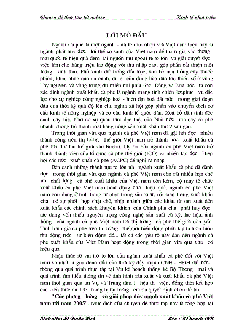 Các ph ơng h ớng và giải pháp đẩy mạnh xuất khẩu cà phê Việt nam tới năm 2005