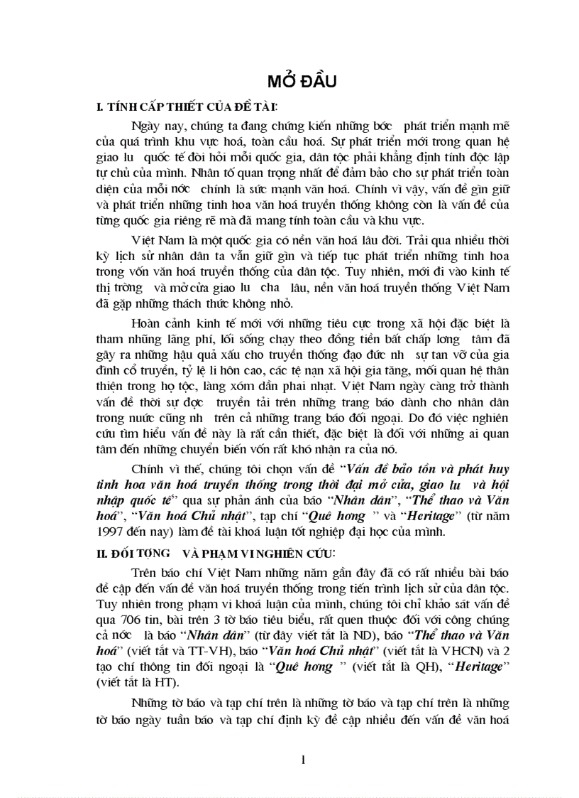 Vấn đề bảo tồn và phát huy tinh hoa văn hoá truyền thống trong thời đại mở cửa giao l ưu và hội nhập quốc tế